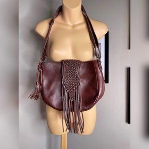 Free People Lucky Brand Genuine Rustic Brown Leather Hobo Tassle Purse Bag
